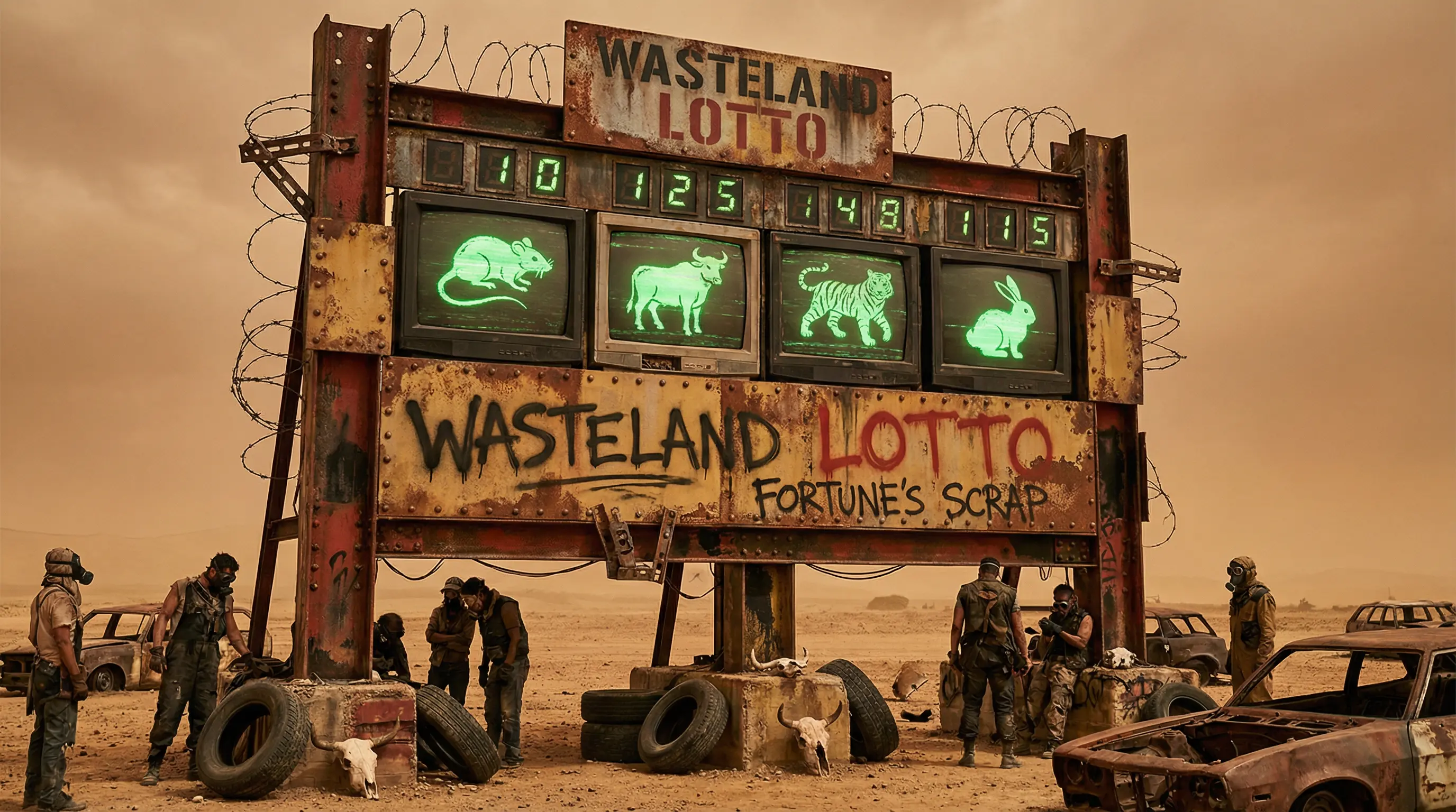 废土中由回收屏幕组成的彩票显示板